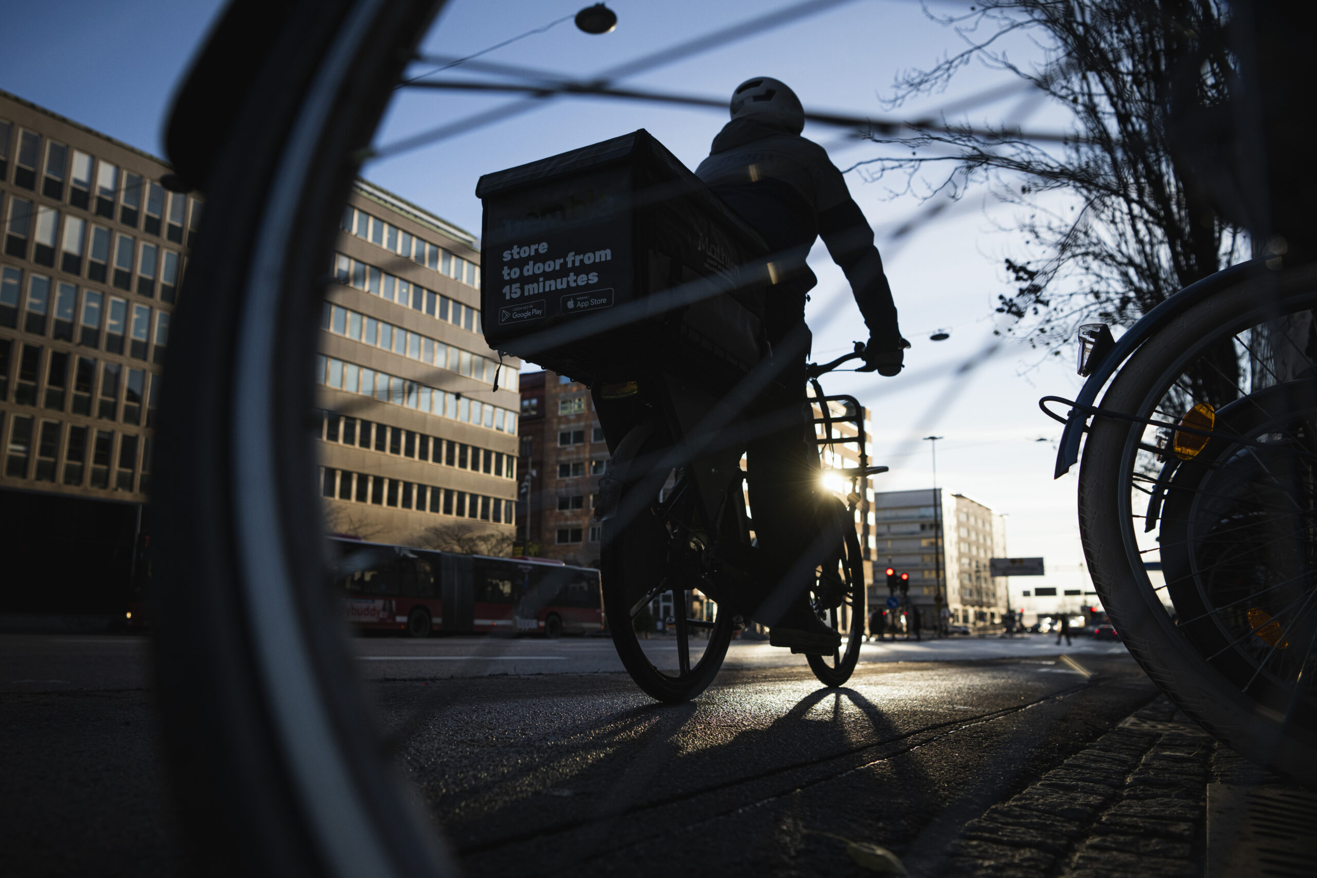 view of cyclist from a wheel point of view