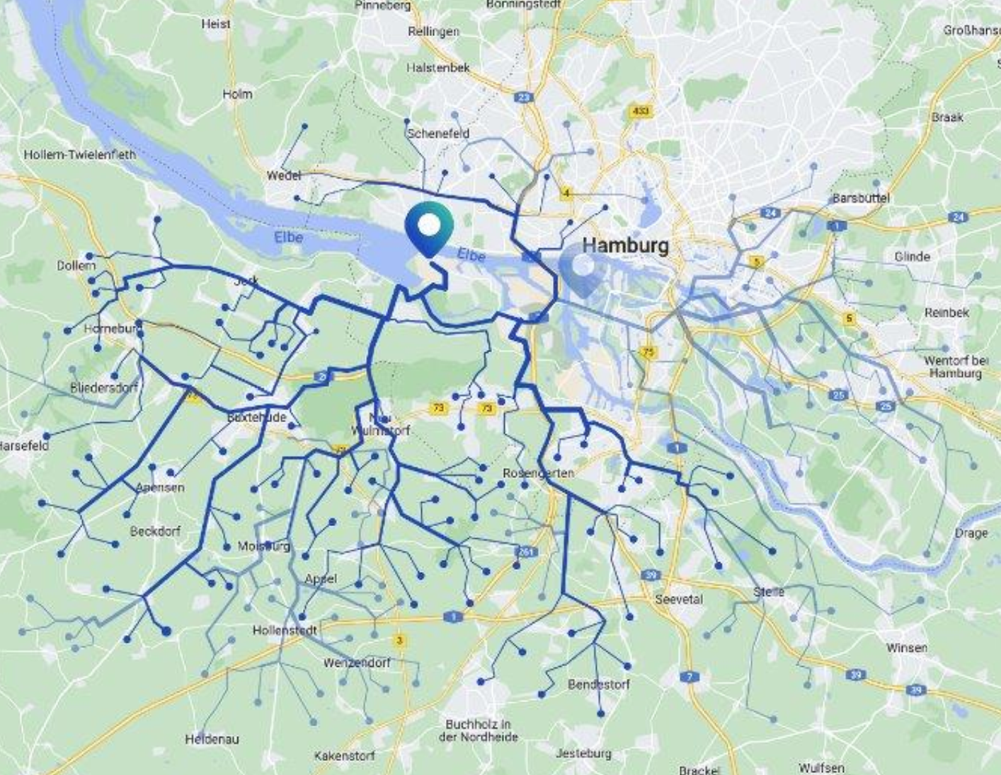 Map of carpool app goFlux usage in the city of Hamburg